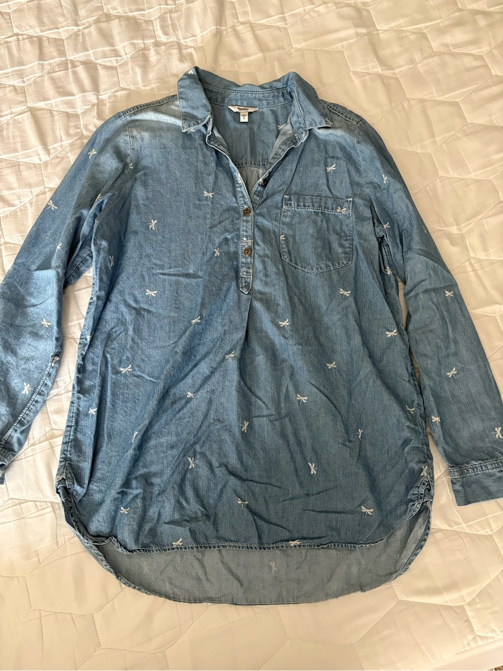 Women's Light Blue Embroidered Denim Tunic Shirt - Relaxed Button-Popover